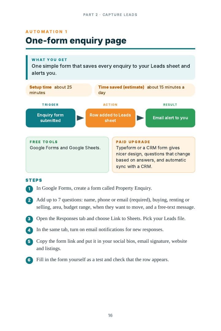 Automation 1 page with a flow diagram and numbered steps
