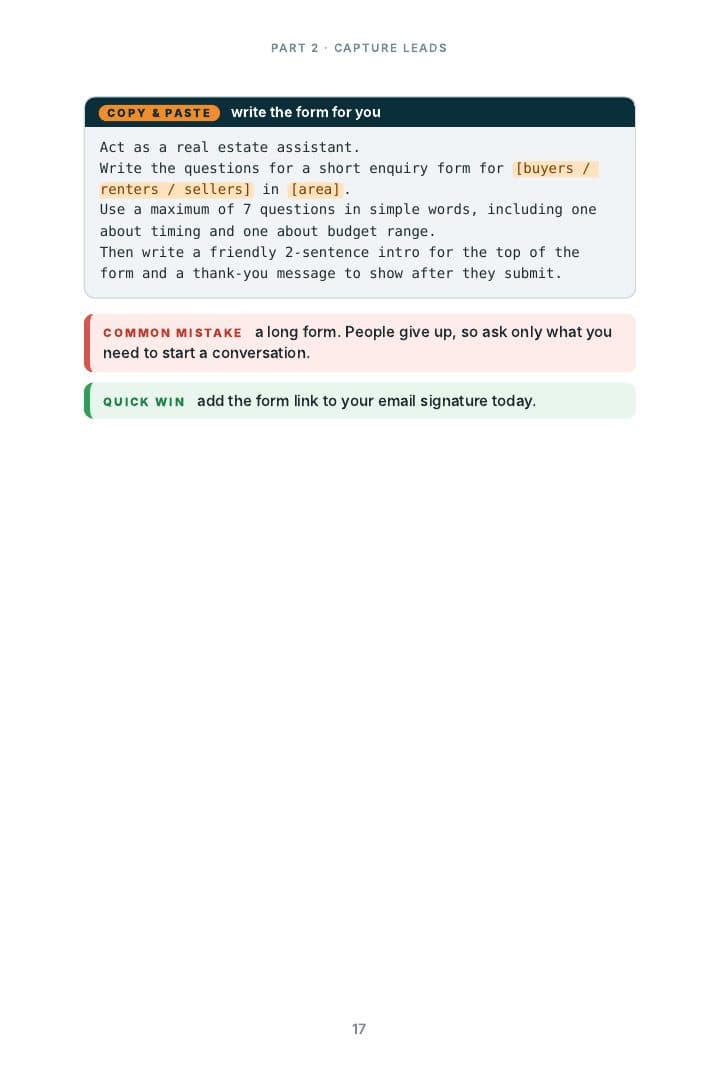 A copy-paste prompt card with a common mistake and quick win
